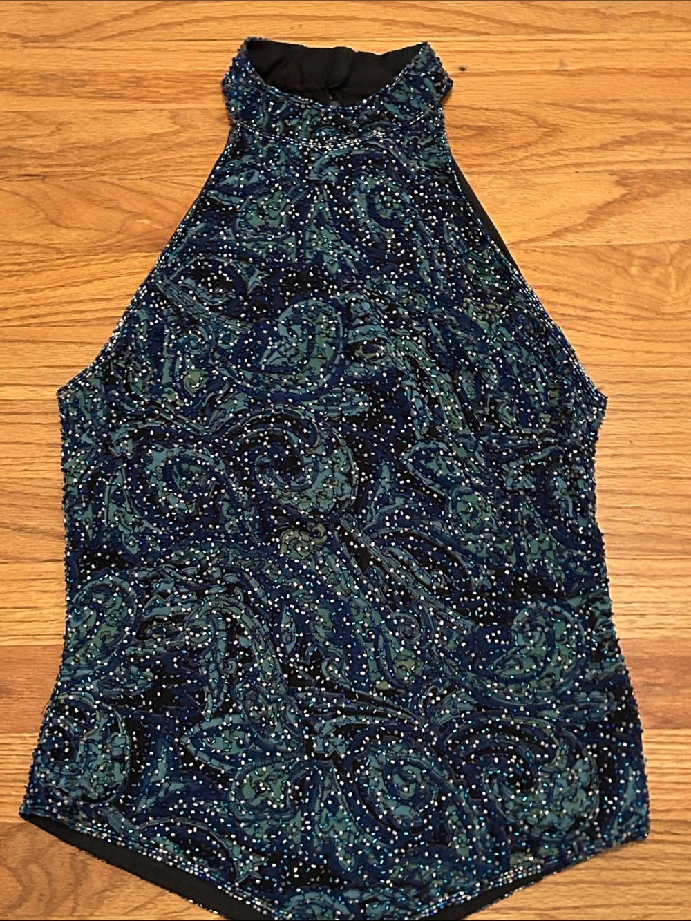 Beaded High-Neck Paisley Halter Camisole - Blue/Teal